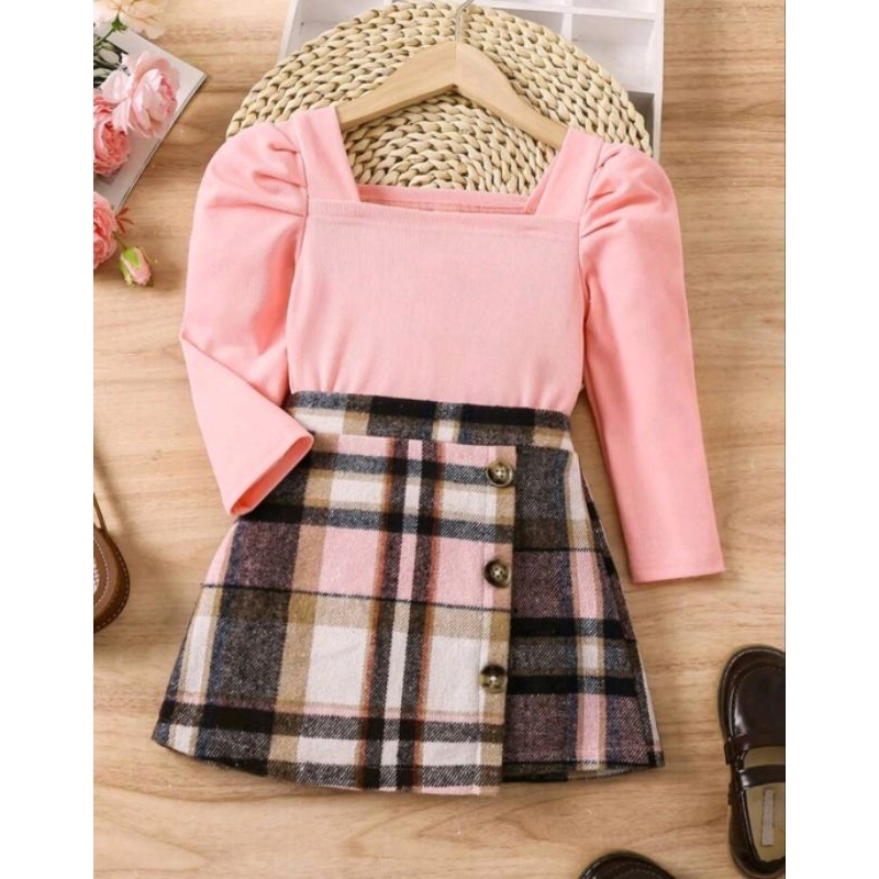 Conjunto infantil xadrez menina blusa canelada e saia flanelada elegante estilosa