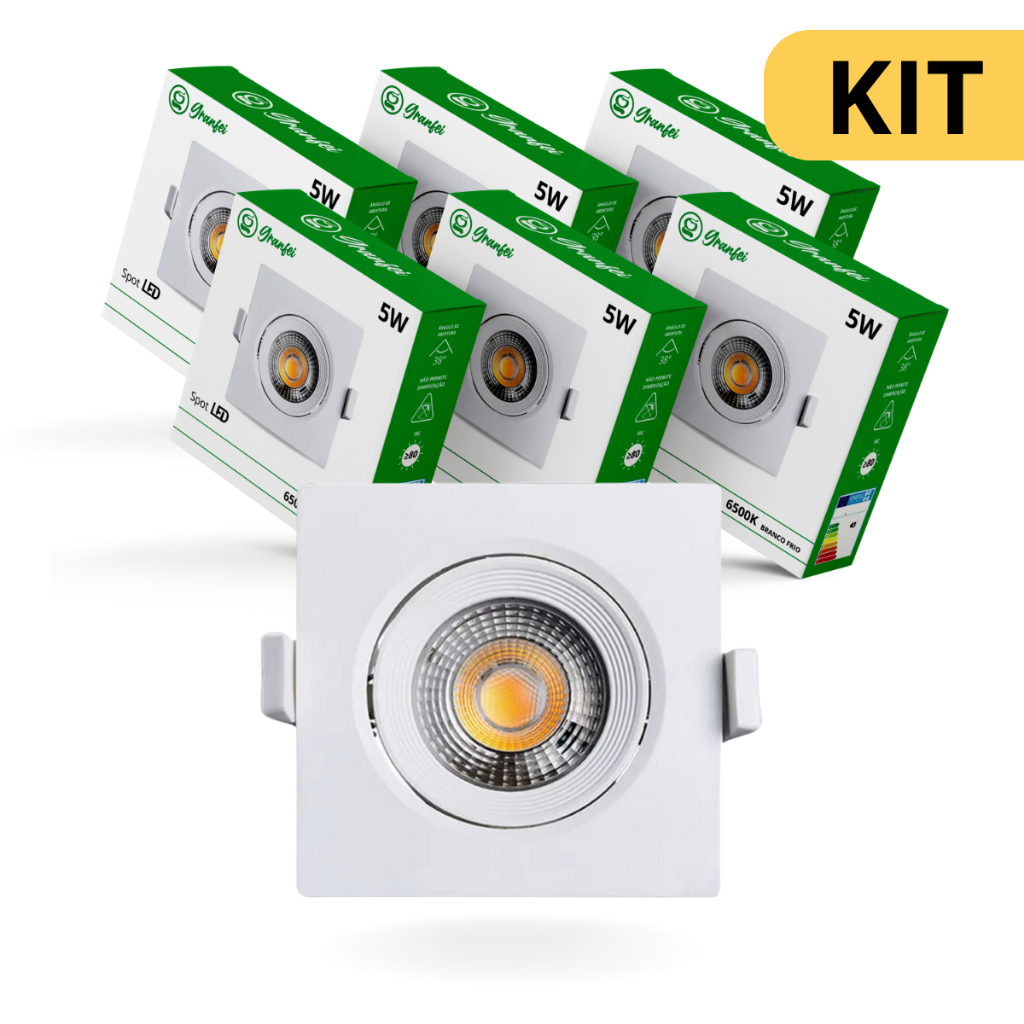 kit 5-20 Spot Led 5W Luminária Quadrado Embutido Branco Frio Quente 3000k 6500k Bivolt Granfei