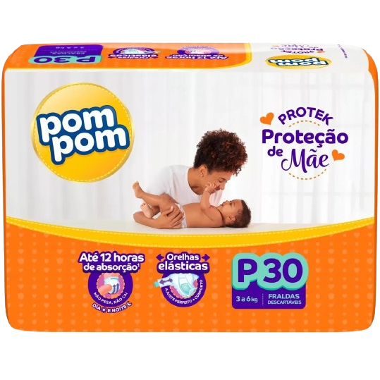 Fralda Pom Pom Proteção de Mãe Jumbo P - 3 a 6 kg P Com 30 Unidades e G - 7 a 11 Kg Com 24 Unidades