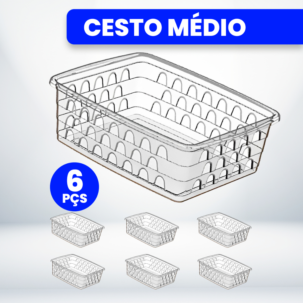 Kit com 6 Cestos Organizadores Multiuso Transparente 20x15,5x6,5 Médio