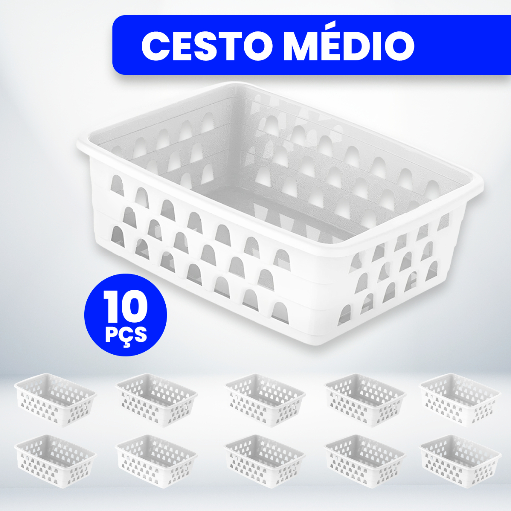 Kit com 10 Cestos Organizadores Multiuso Branco 20x15,5x6,5 Médio