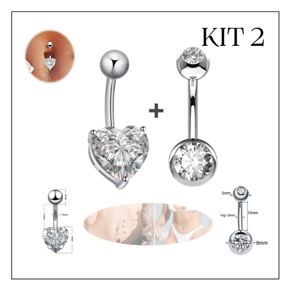 Kit 2 piercing de umbigo com strass Pedra Zircõnia Coração