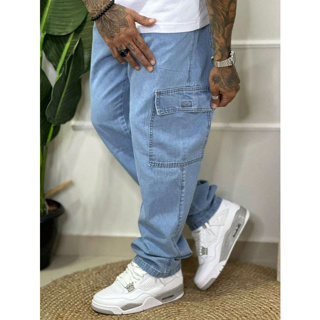Calça Masculina Cargo Jeans Claro  Cos Elástico Cordão Skatista em Oferta na Shopee