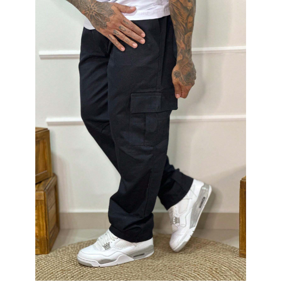 Calça Masculina Cargo Larga  Preto com Bolso Cos Elástico Cordão Skatista Streatwear em Oferta na Shopee