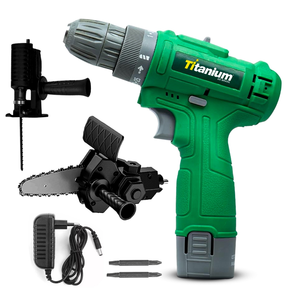 Parafusadeira Furadeira 12V A Bateria Sem Fio Com Adaptador Serra Tico Tico Moto Serra Verde