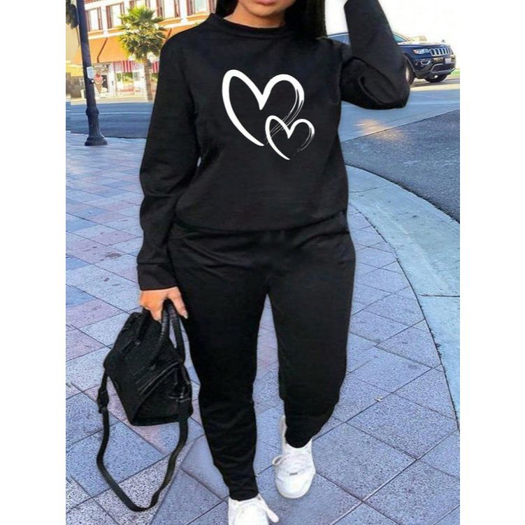 Moletom Gola Redonda Love + Calça De Moletom Coração Heart Inverno Flanelada