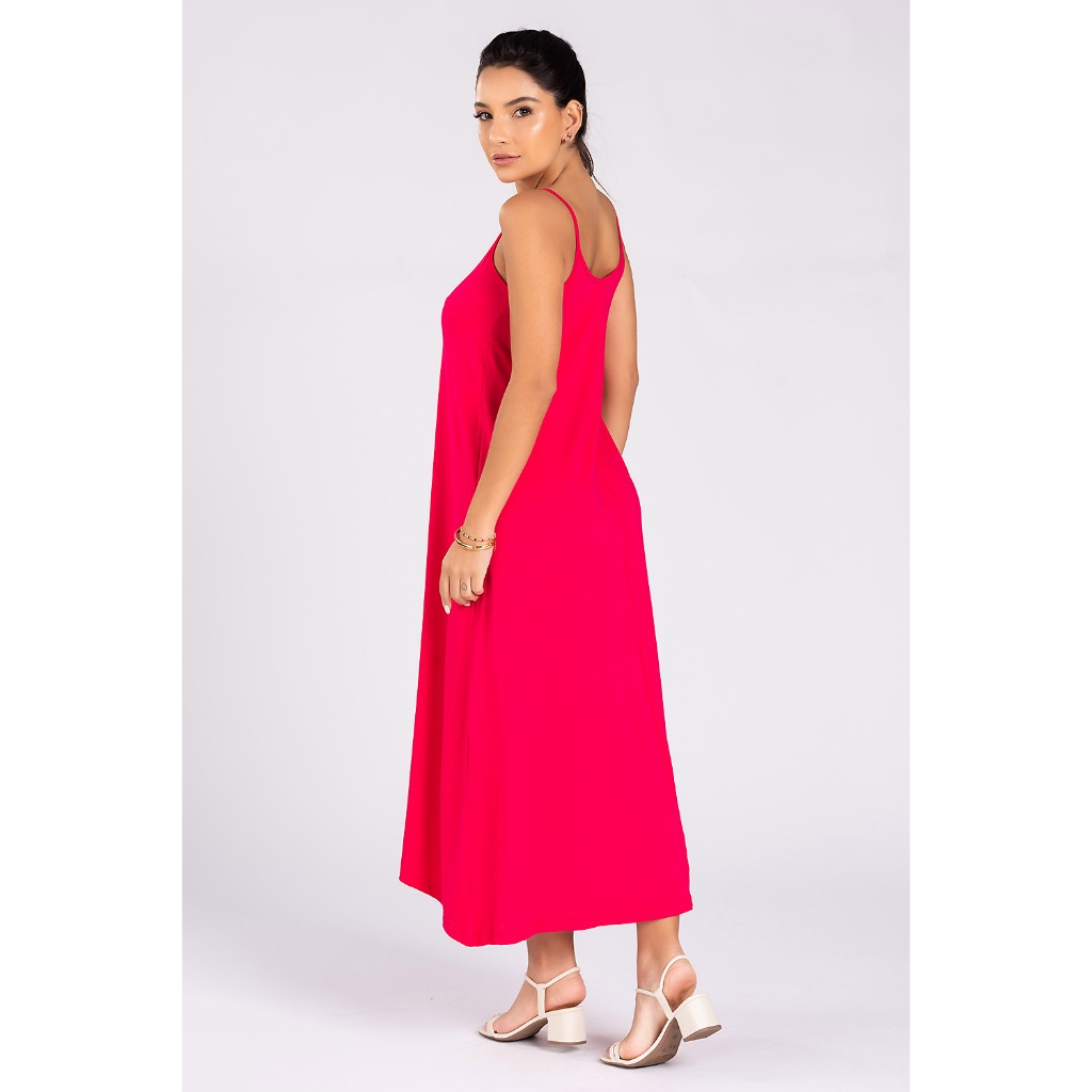 Vestido Elegante Casual Dia a Dia Longo Alcinha Liso Soltinho Rosa Pink Gloss