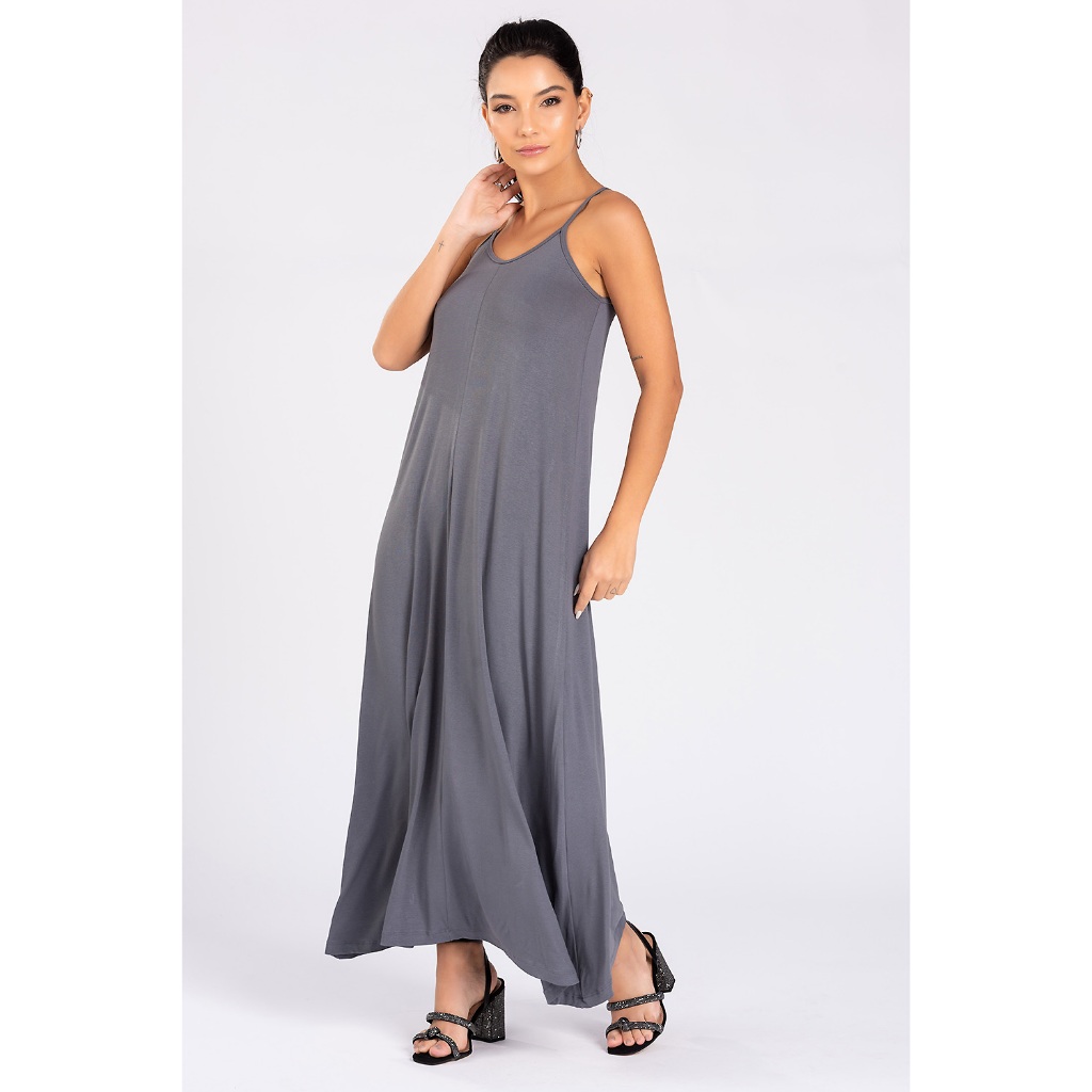 Vestido Elegante Casual Dia a Dia Longo Alcinha Liso Soltinho Cinza
