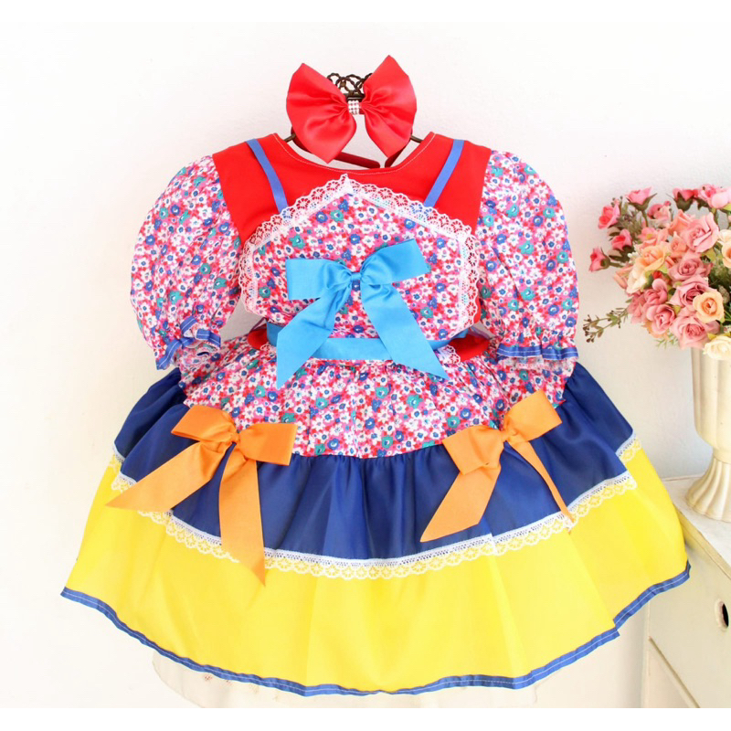 Vestido Infantil Xadrez Rosa Colorido Caipira Fazenda Festa Junina QuadrilhaFazendinha Rodado Realeza Luxo Festa Caipirinha Menina Juvenil Estilo Boneca