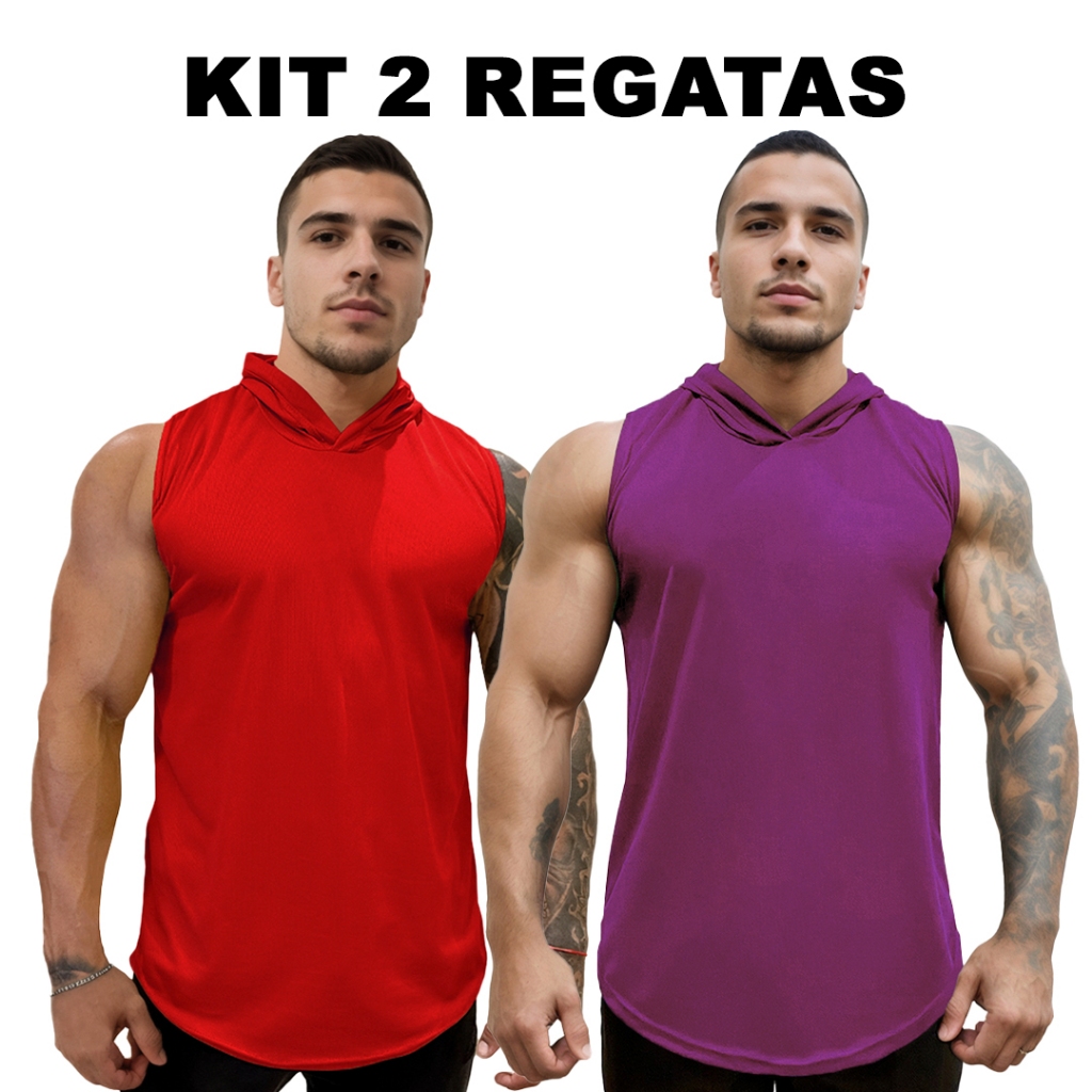 Kit 2 Regatas Vermelho + Cores Masculina com Capuz em Dry Fit Lisa Sem Estampa Básica - Bombey
