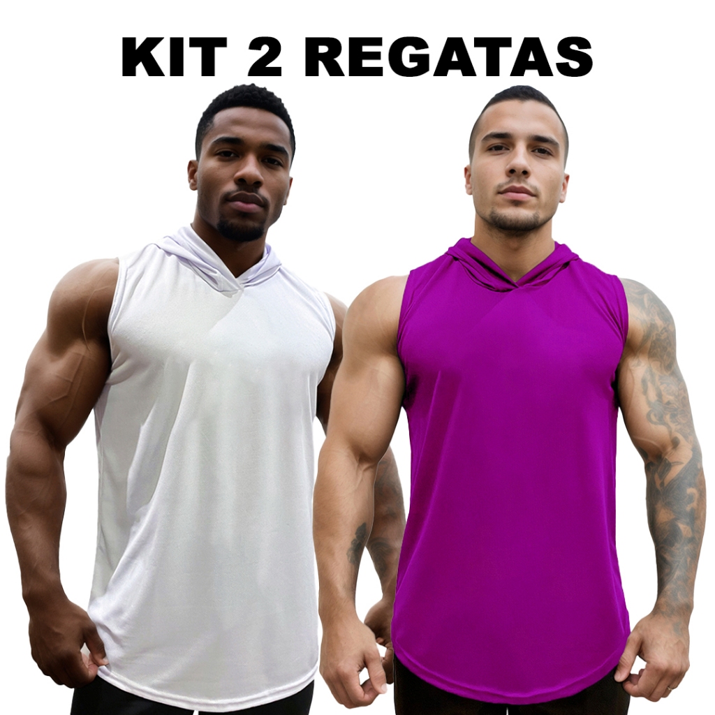 Kit 2 Regatas Branco + Cores Masculina com Capuz em Dry Fit Lisa Sem Estampa Básica - Bombey