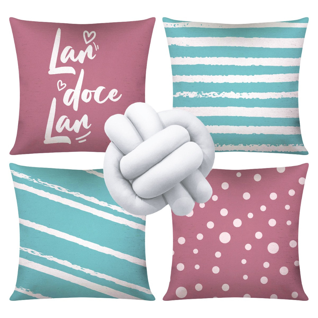 Kit 04 Capas De Almofada Decorativa Mais Nozinho Lar Doce Lar Rosa e Azul