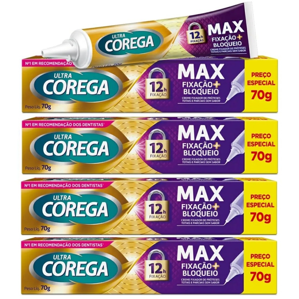 Kit Corega Ultra Máxima Fixação Bloqueio Dentadura Sem Sabor 70g