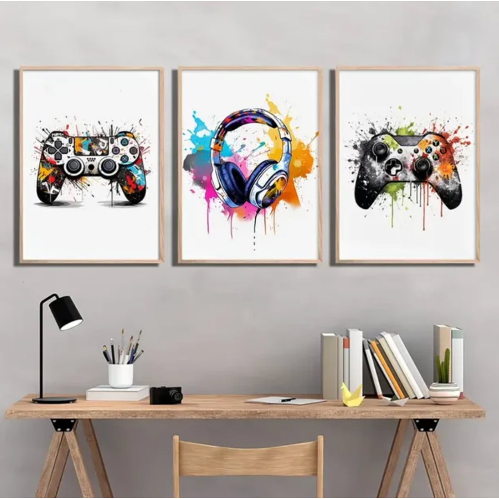 Quadro Decorativo 3 peças Jogo Vídeo Game Controles para Gamer Playstation Xbox One Neon Quarto