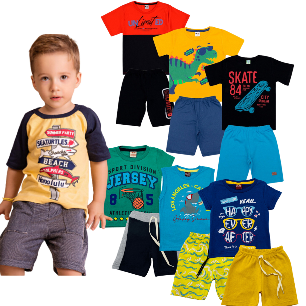 Kit 10 Peças de Roupas Infantil Menino 5 Camisetas+ 5 Bermudas Promoção Kit com 5 Conjuntos de Roupa Infantil Menino Conjunto Masculino Infantil 1 ano, 2 anos, 3 anos, 4 anos, 6 anos, 8 anos Roupa Masculina Infantil