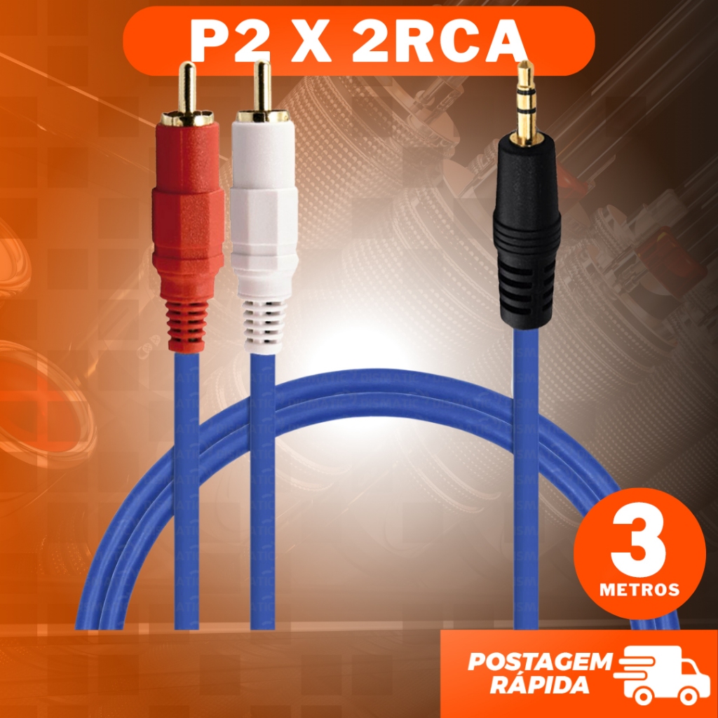 Cabo Auxiliar Reforçado P2 Macho x 2 RCA Macho 3m Som Tv Home Theater Áudio Qualidade Caixa de Som