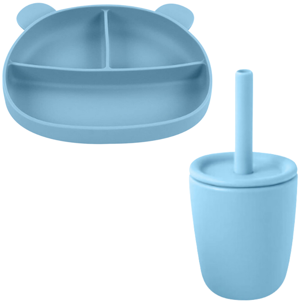 Kit Prato Bebê Com 3 Divisórias Silicone + Copo Com Canudo