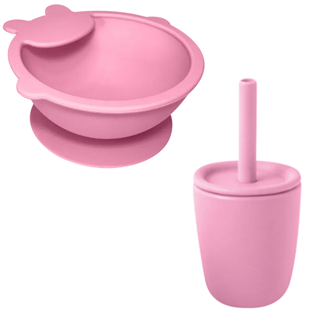 Kit Copo Com Canudo Bebê + Tigela Bowl Silicone Com Ventosa