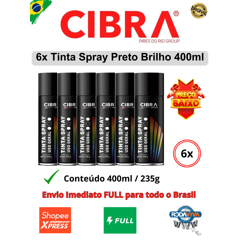 Kit 6 Sprays Tinta Uso Geral Cibra Color Preto Brilho 400ml / 235g Nova Fórmula