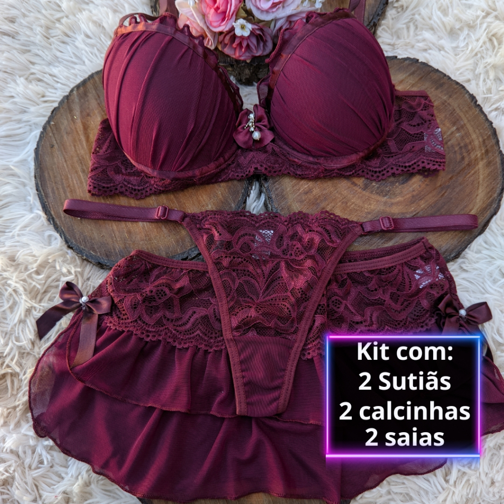KIT 2 Trios Lingeries com Calcinha Sutiã e Saia Lingerie Sensual Calcinhas Sutiãs Conjuntos Luxo em Oferta na Shopee