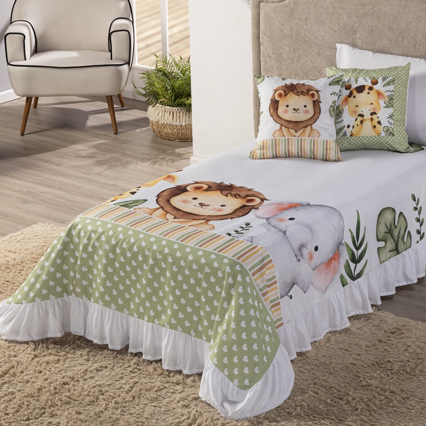 Kit Colcha Solteiro Infantil 1,70 x 2,30 Safari Baby 6 peças Decoração Quarto de Menina e ...