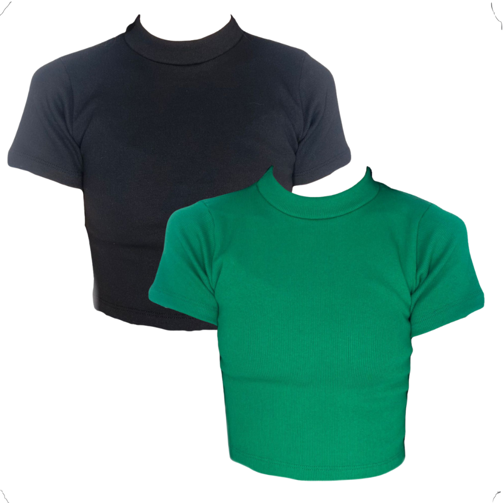 Kit 2 Blusas Croppeds Canelado Ribana Gola Básica Manga Curta Chic Minimalista Elegante Luxo