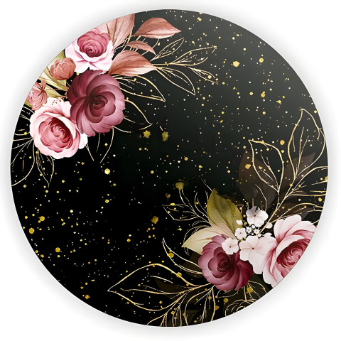 Painel Festa Infantil Redondo Flores rosas, fundo preto com gotas douradas + Arco, Suporte incluso. Fazemos personalizado com qualquer tema. Confeccionado em Lona fosca, impressão de alta resolução. cenário Circular p/ Decoração