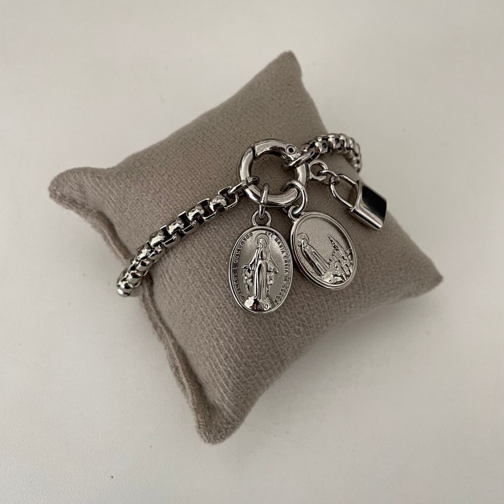 Pulseira Cadeia Consagração Cadeado Nossa Senhora das Graças + Nossa Senhora de Fátima