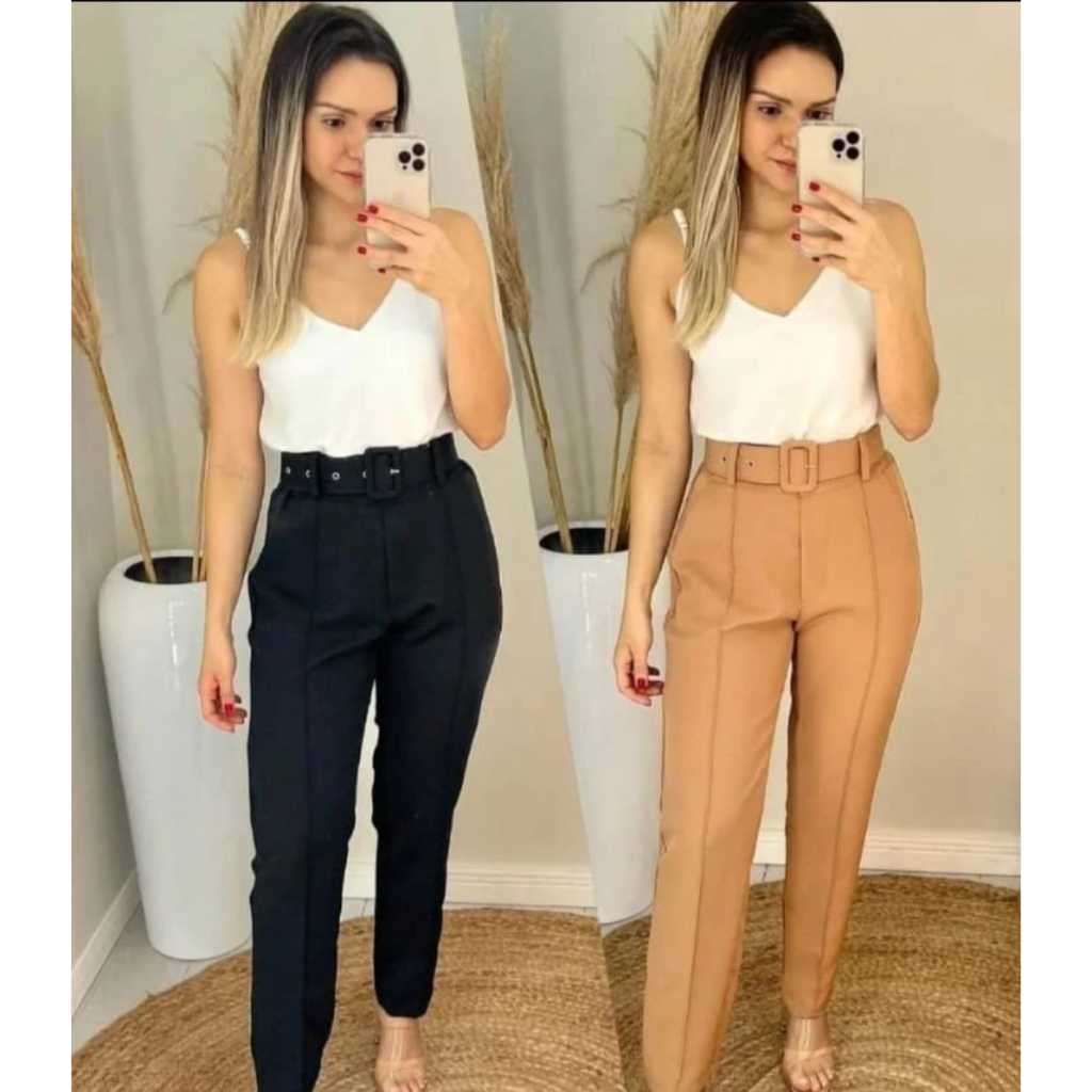 Calça Feminina Alfaiataria com Cinto Social Elegante Cintura Alta Ziper na lateral