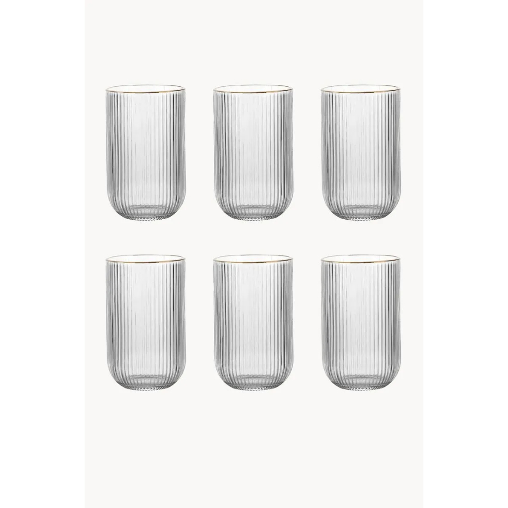Jogo 6 Copos Altos de Vidro c/ Filete Dourado Versalhes Canelado 420ml - Lehavi