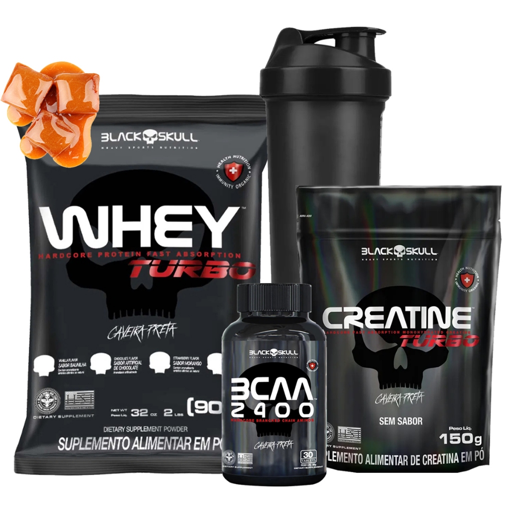 Combo Whey Protein Turbo + Bcaa + Creatina Kit Black Skull