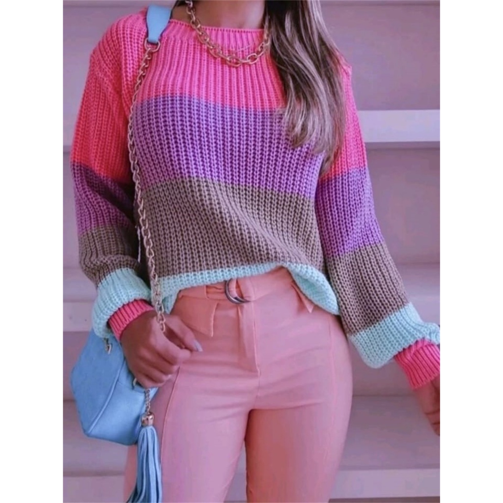 Blusa Tricot Feminina com Manga longa Colorida Listrda Moda Blogueira Lnverno