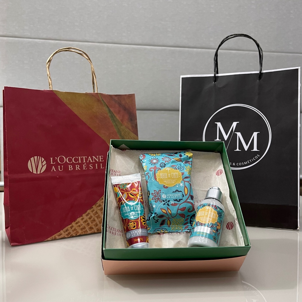 Kit Loccitane au Brésil Água de Coco Sabonete Barra 50g Hidratante Corporal 50ml Creme de Mãos 30g Caixa 1Un