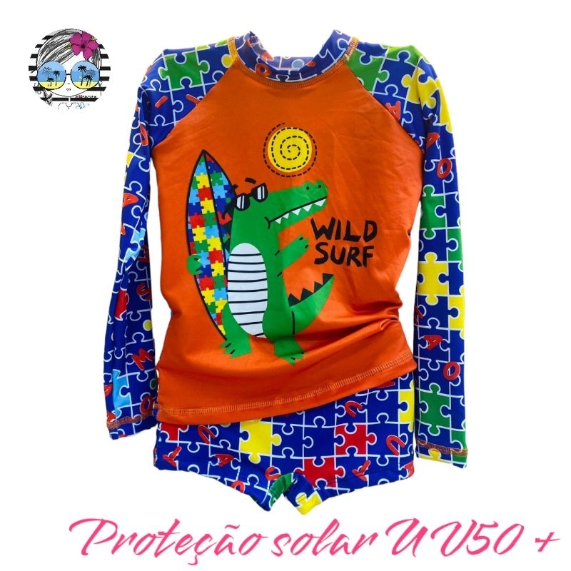 Camisa Infantil Autismo e Sunga Boxer com Proteção Solar UV50+ Juvenil  Forrada Ajuste na cintura