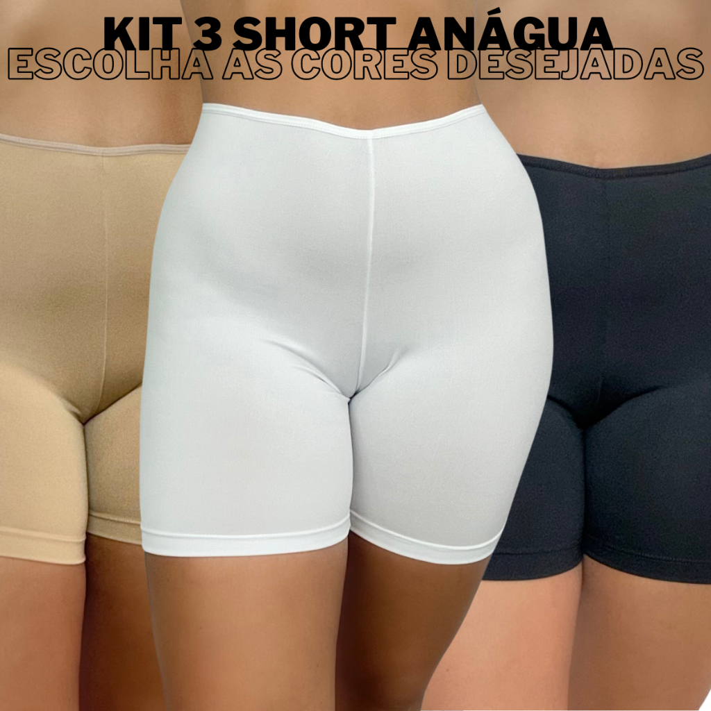 KIT 3 Segunda Pele Anágua Liso Feminina Short Básico