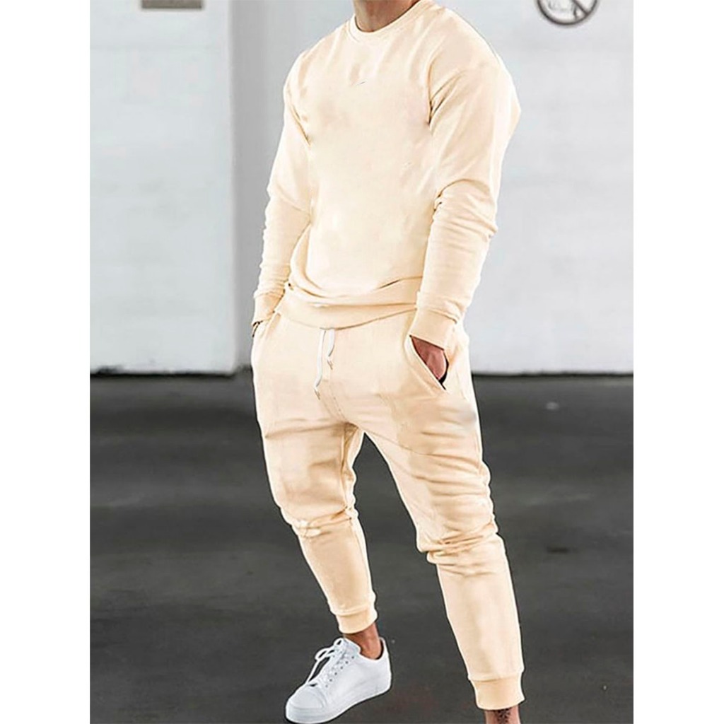 Conjunto Needstar Masculino Moletom Gola Careca Redonda Agasalho + Calça Moletom Básico Liso Bege Passeio Treino Academia Casual Confortável Algodão