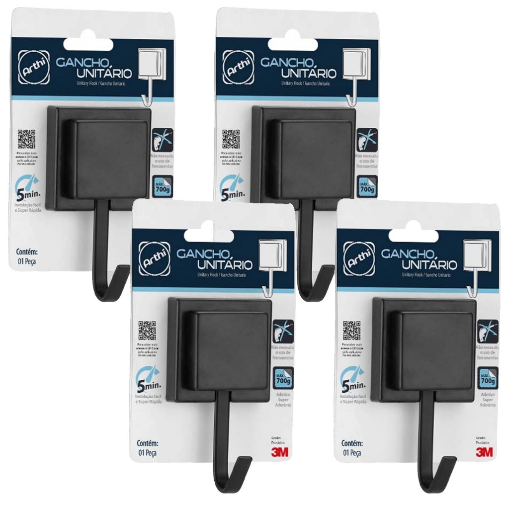 Kit 4 Gancho Cabide Suporte Porta Toalha de Rosto de Parede Banheiro 3M Sem Furo Preto Black Arthi em Oferta na Shopee