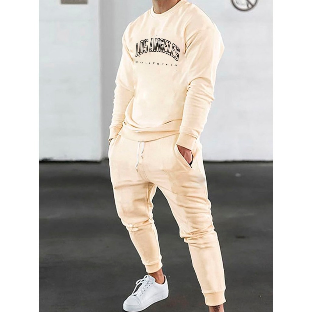 Conjunto Needstar Masculino Moletom Gola Careca Redonda Agasalho + Calça Moletom Bege Passeio Treino Academia Casual Confortável Algodão Los Angeles