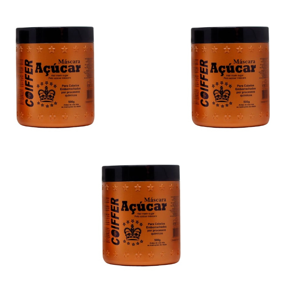 Kit com 3 Máscaras de Açúcar Coiffer 500gr  Maciez e Brilho