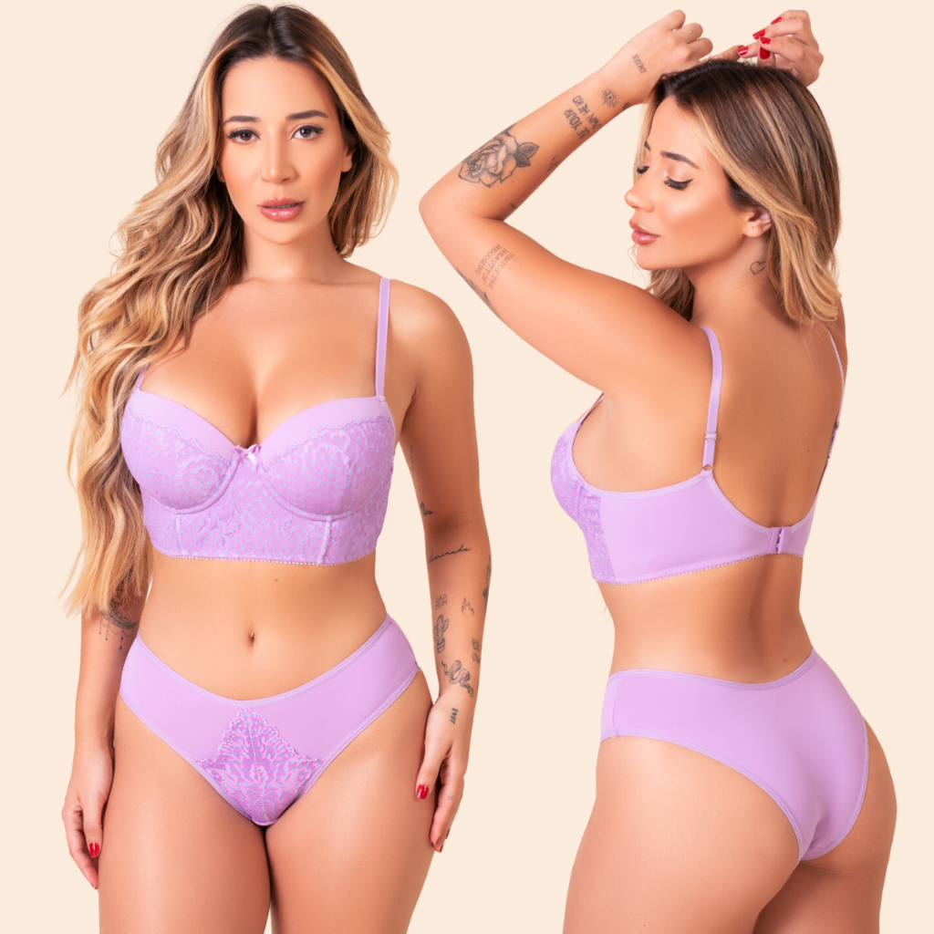 Conjunto Feminino Lingerie Sutiã Cropped Plus Size Com Bojo com Renda Poá e Poliamida e Calça Biquini Maior Renda Poá C