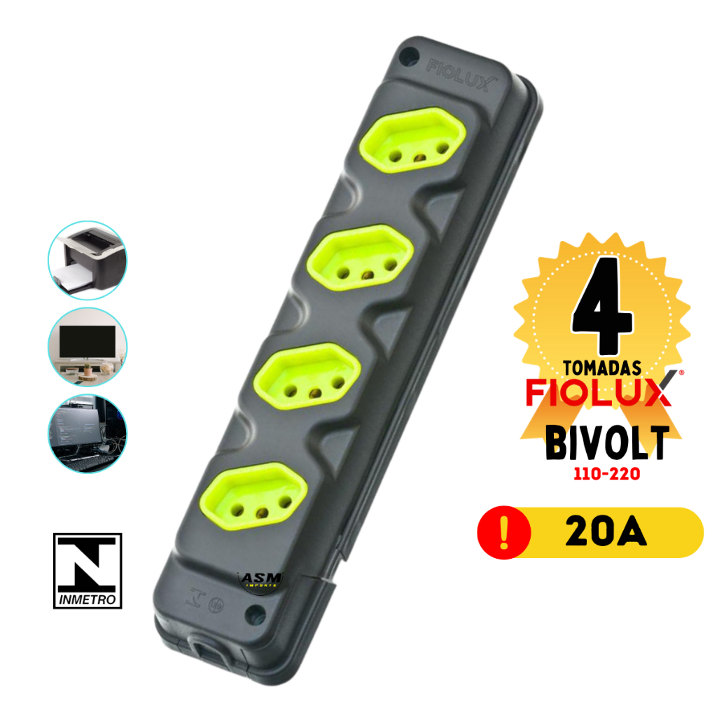 Tomada em Barra Preto e Cinza Fiolux Tomada Robust 4 Tomadas 20A Tripolar Extensao 2P + T