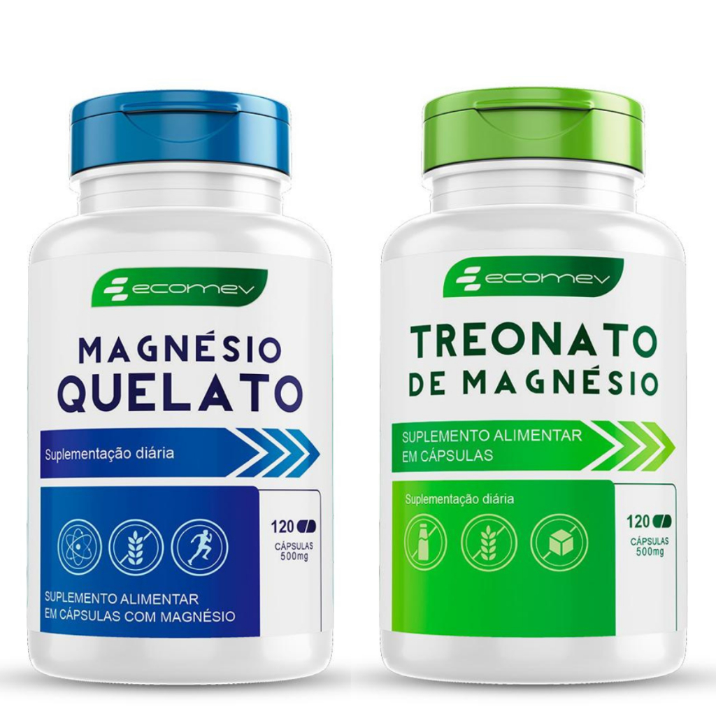 Kit Magnesio Quelato + Treonato 100% Puro Premium 500mg 240 Cáps Maxima Absorção Ecomev em Oferta na Shopee