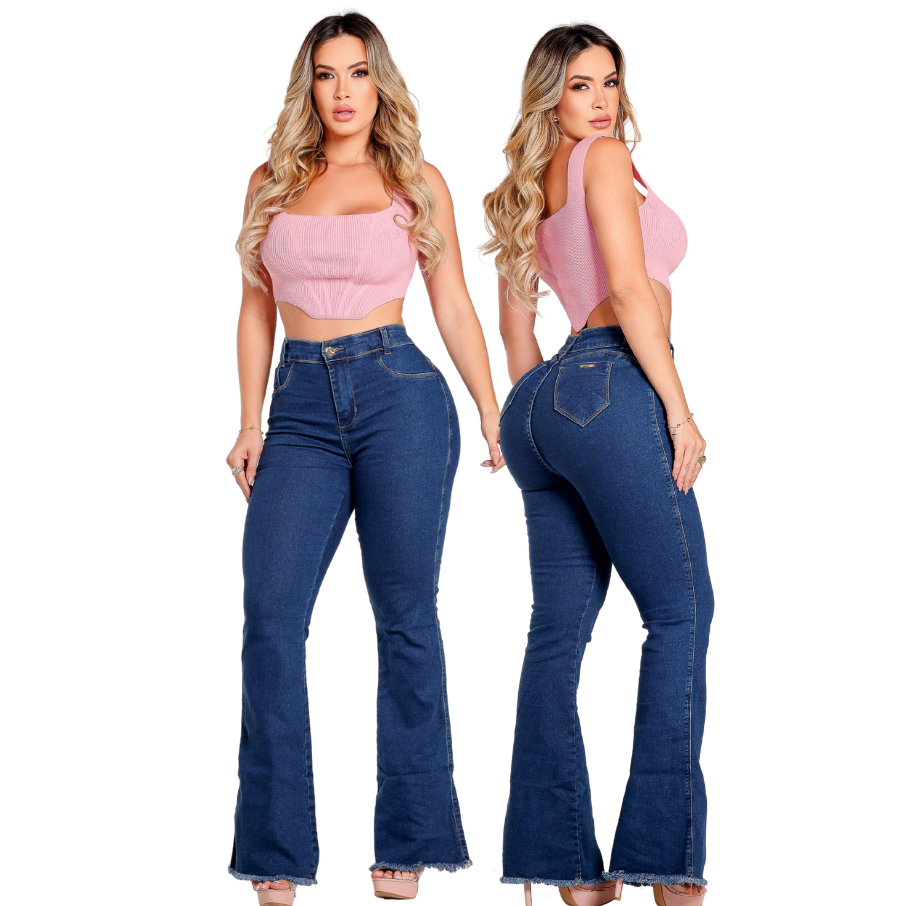 Calça Flare Jeans Azul Barra Desfiada Cós Alto Modelagem Empina Bumbum Lycra em Oferta na Shopee