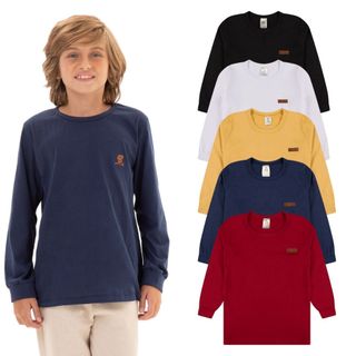 Kit 3 Camisetas Manga Longa Infantil Menino Básica Lisa Tamanho 2 ao 10