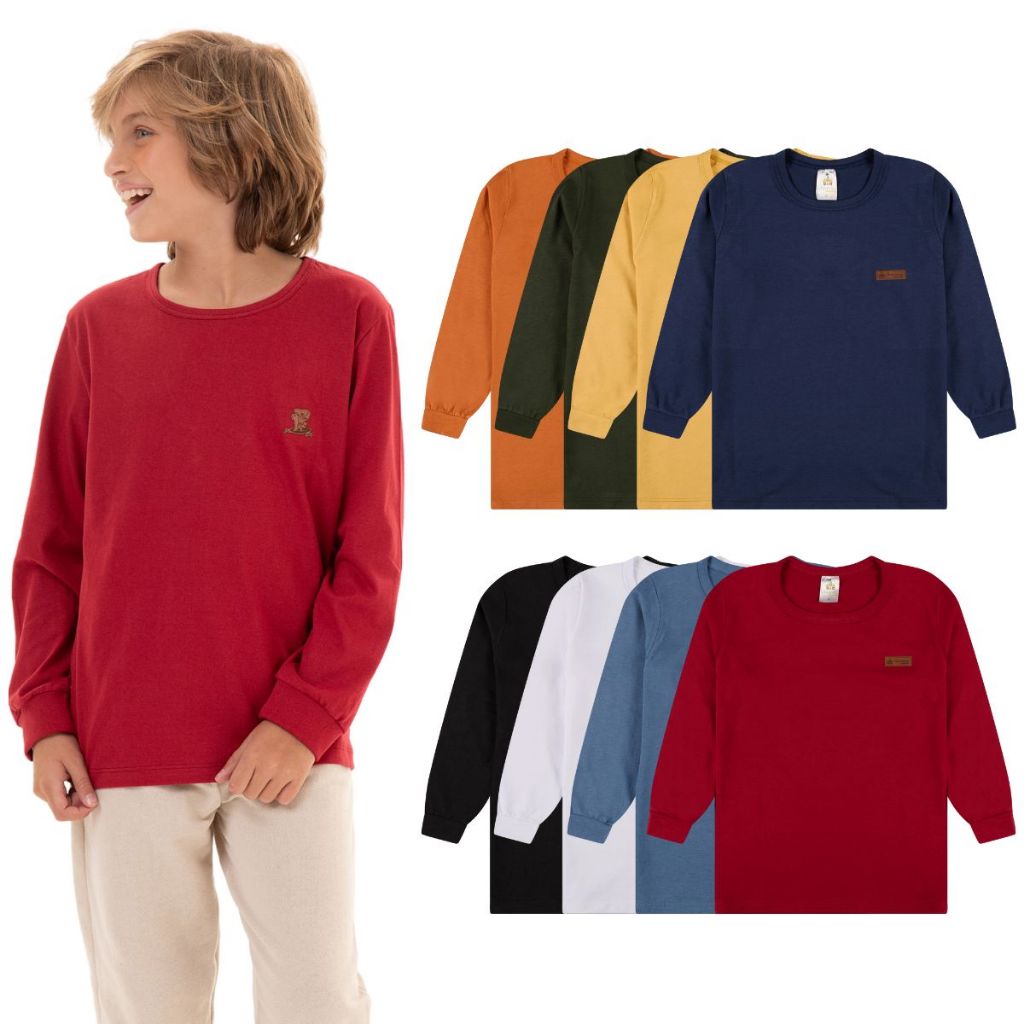 Kit 5 Camisetas Manga Longa Infantil Menino Básica Lisa Tamanho 2 ao 10