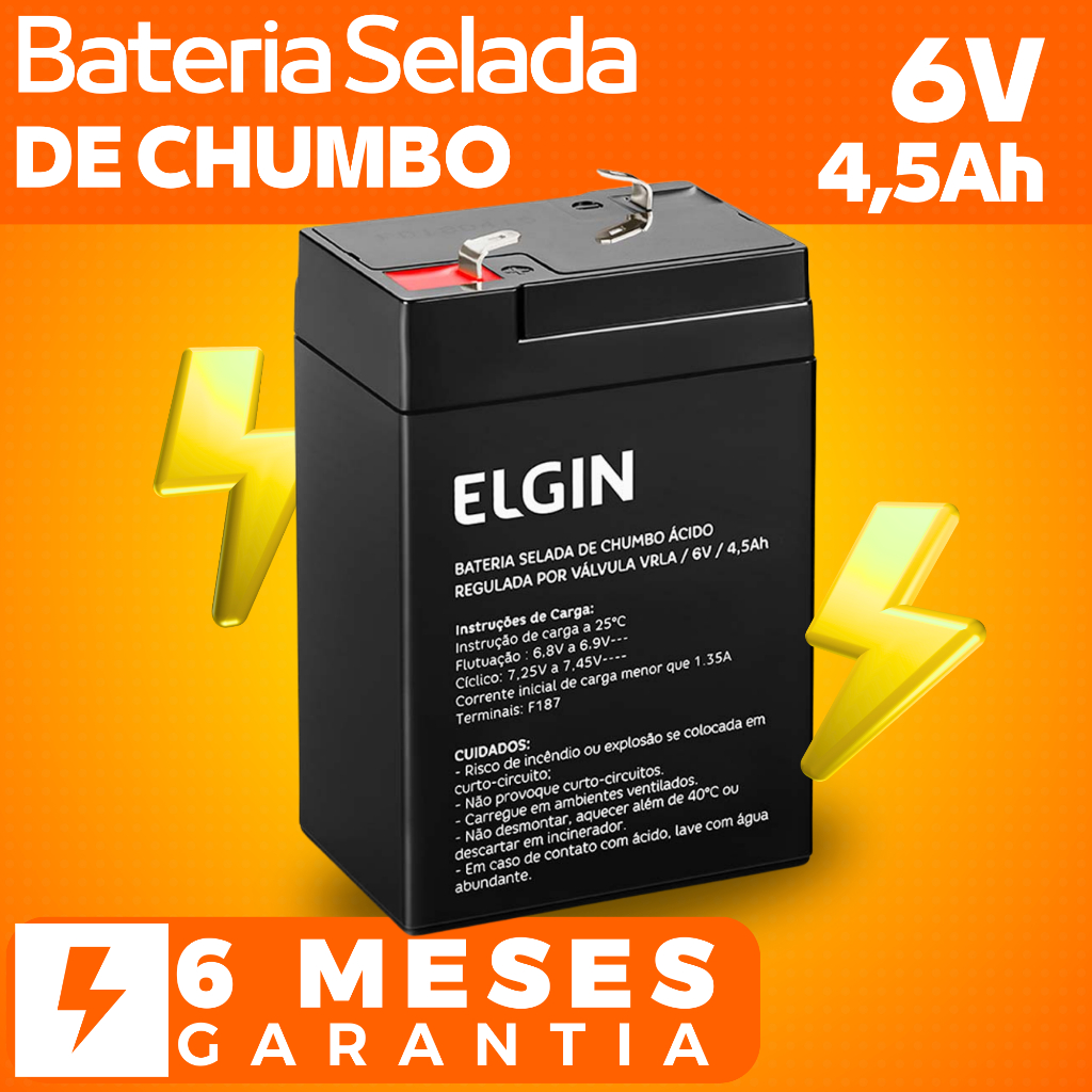 Bateria Selada 6V 4,5Ah Alta Durabilidade Vrla Elgin Original para Nobreak Alarme Som Automação Balanças Iluminação Moto Segurança CFTV Central Cerca