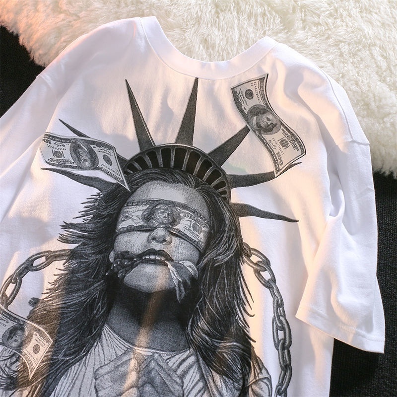 Camiseta OverSized Manga Caída Estátua liberdade Money is Real StreetWear unissex