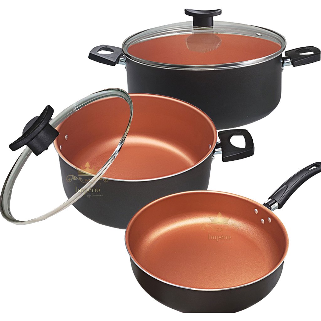 Kit 3 Peças Panelas Caçarolas Cobre Preto Tamanho Grande 22 E 24 e Frigideira Alta Tamanho 24 Cor Preto Cobre Com Tampa De Vidro Kit Panela Antiaderente Com 5 Camadas De Teflon Luxo Rosa Claro Alumínio Grosso