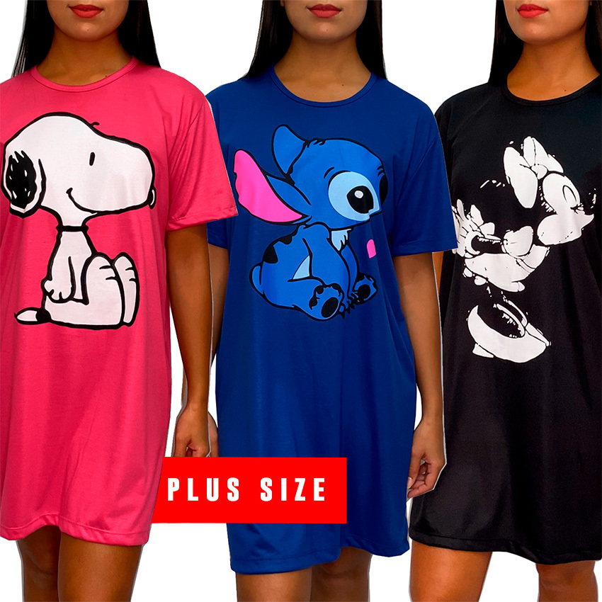 Camisola PLUS SIZE G1 XG Feminina Personagens desenhos divertidos Manga Curta em malha