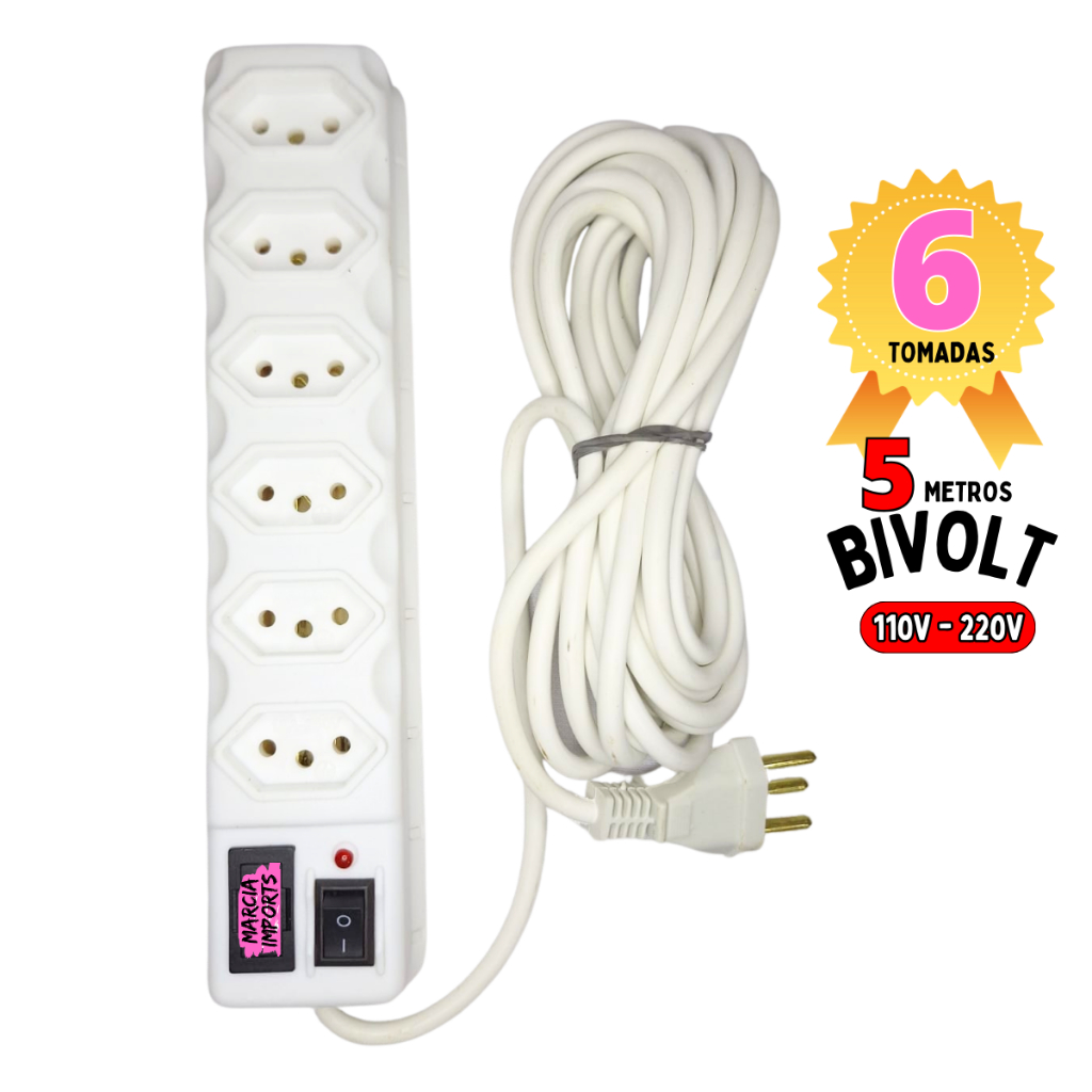 Filtro de Linha 5M Régua elétrica 6,  5, 4 e 3 Tomadas Cabo 5 Metros de fio Fusível 110v-220v Branco em Oferta na Shopee
